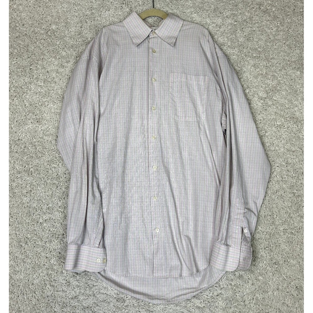 Hickey Freeman Dress Shirt Mens Medium Pink Plaid Cotton Button Up Business